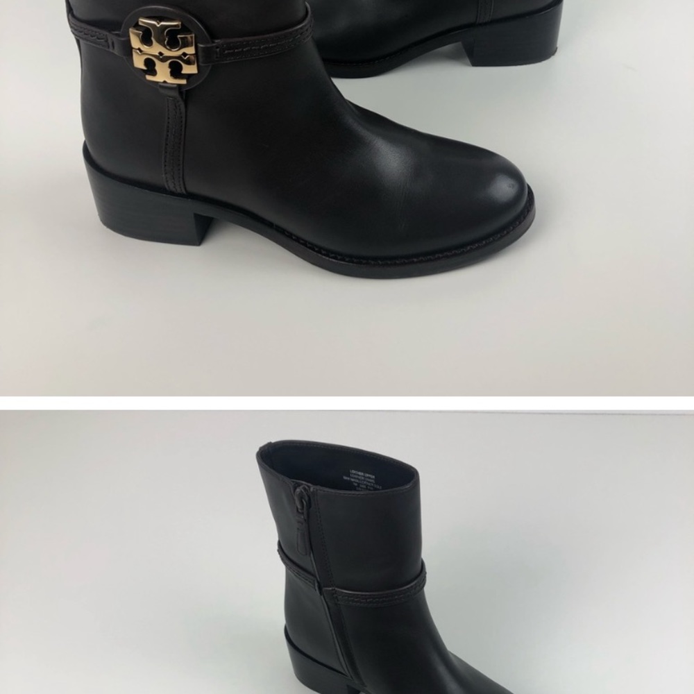 Tory Burch Miller 45mm Medallion Leather Ankle Booties 7M Chocolate & Gold $398